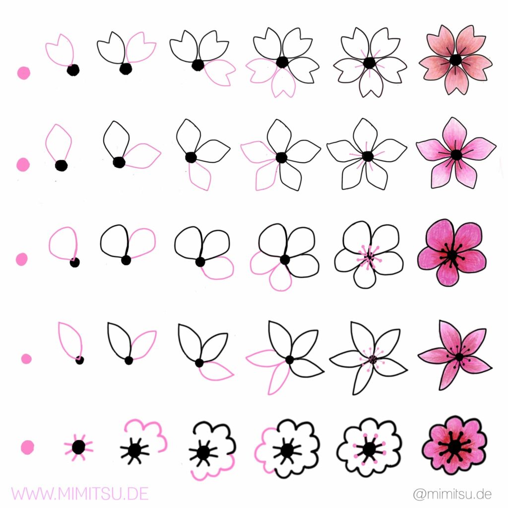 dibujar flores de cerezo sakura paso a paso