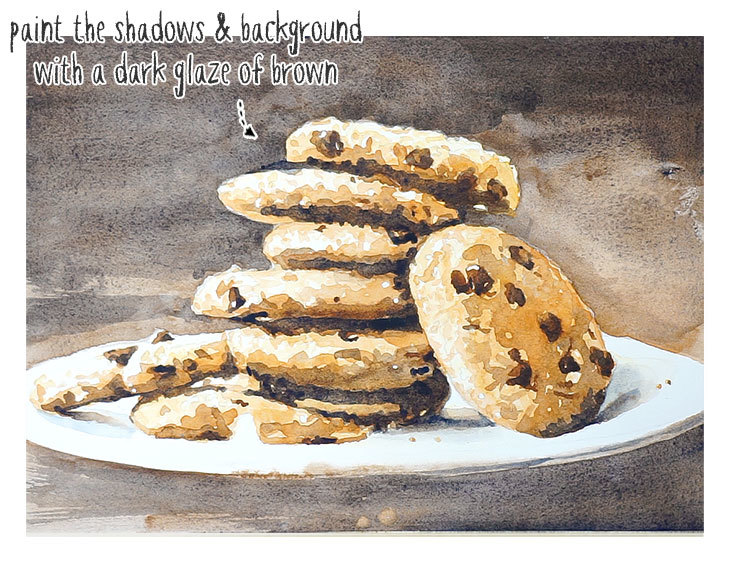 Capa final muy oscura en el fondo y las sombras del plato de galletas