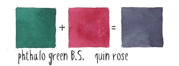 Muestras de verde ftalo y rosa de quinacridona y el gris frío que resulta de mezclarlos