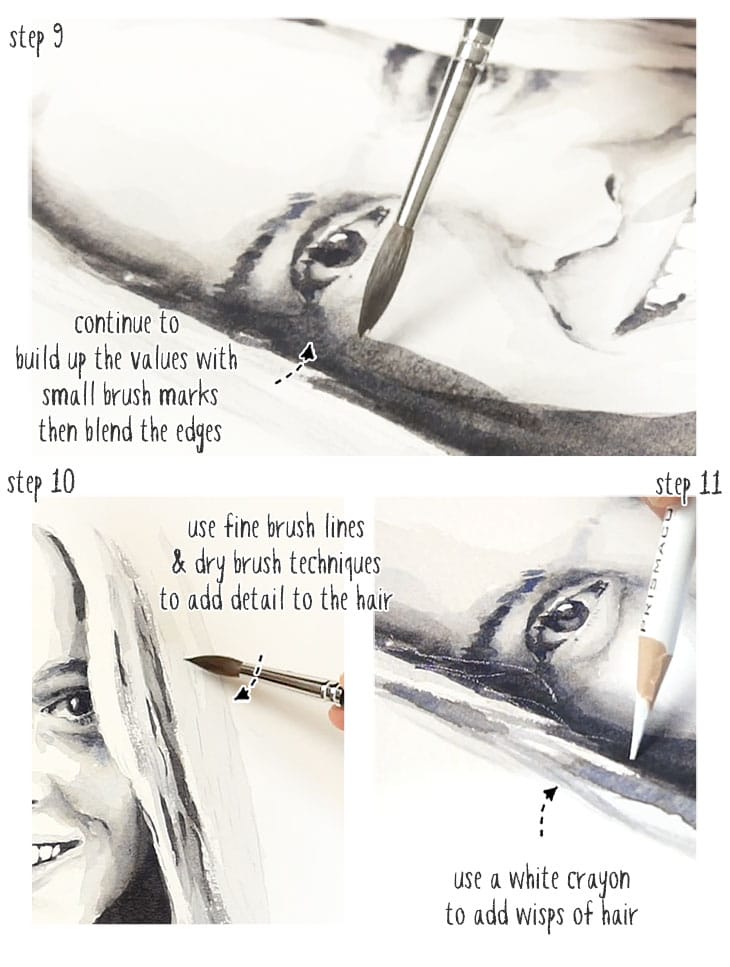 Pasos finales de un retrato en acuarela: detalles, pincel seco en el cabello y lápiz blanco