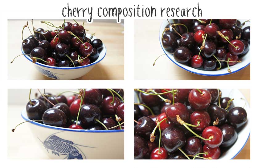 Cuatro fotos de un cuenco con cerezas desde distintos ángulos para elegir la composición