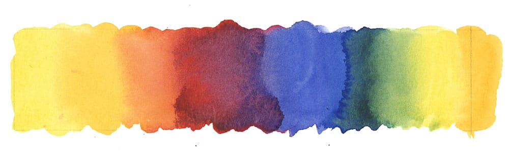 Franja de acuarela con el espectro de colores fundidos del amarillo al rojo, azul y verde