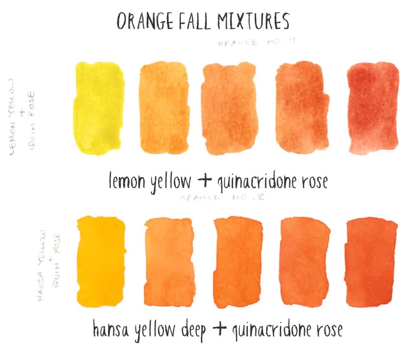 Dos escalas de naranjas mezclados con amarillo limón o amarillo hansa y rosa de quinacridona