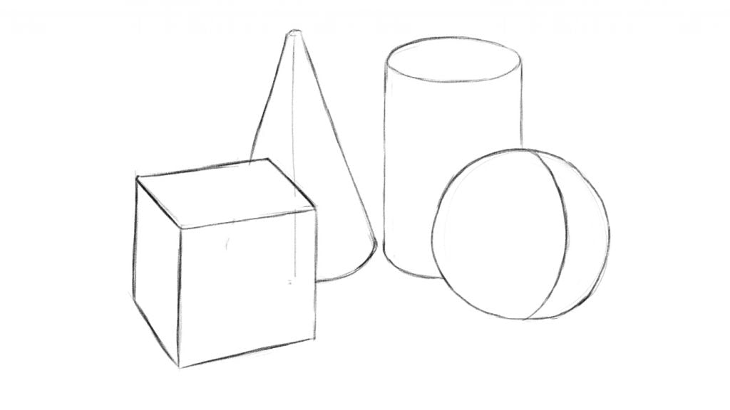 Dibujo a lápiz de un cubo, un cono, un cilindro y una esfera