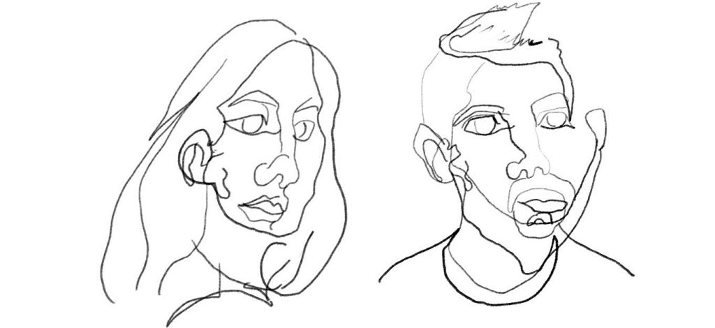 Dos retratos dibujados con contorno ciego a línea fina