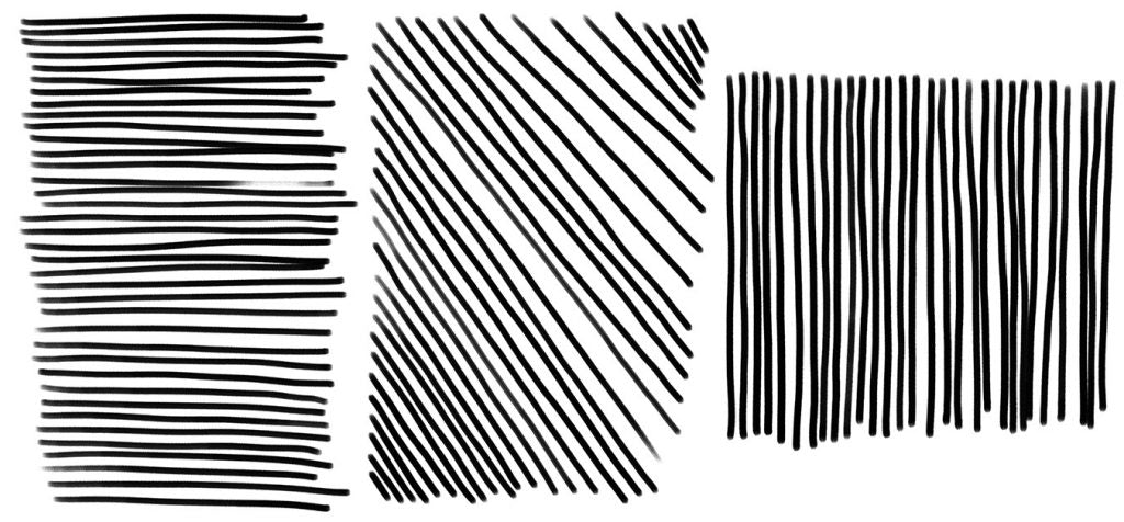 Tres bloques de líneas paralelas a tinta: horizontales, diagonales y verticales