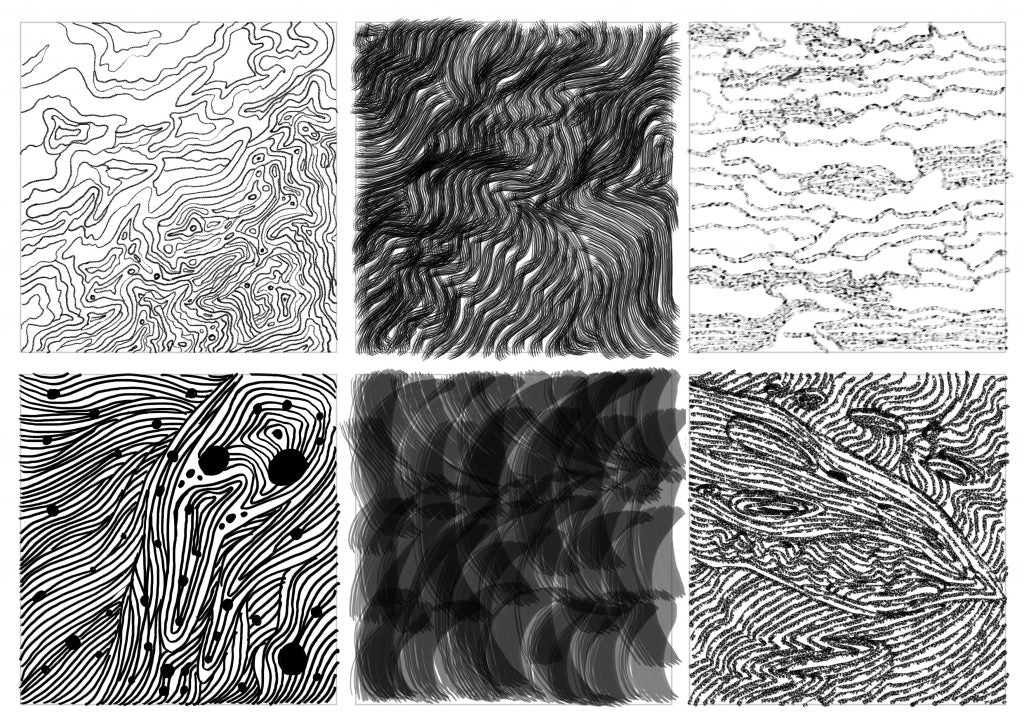 Seis cuadrados llenos de garabatos y texturas a tinta: líneas fluidas, irregulares y peludas