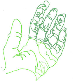 Dibujo de contorno ciego de una mano abierta con líneas verdes