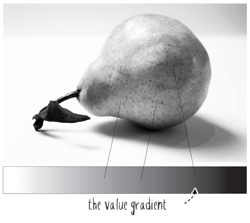 Foto en blanco y negro de una pera sobre un degradado de valores del blanco al negro