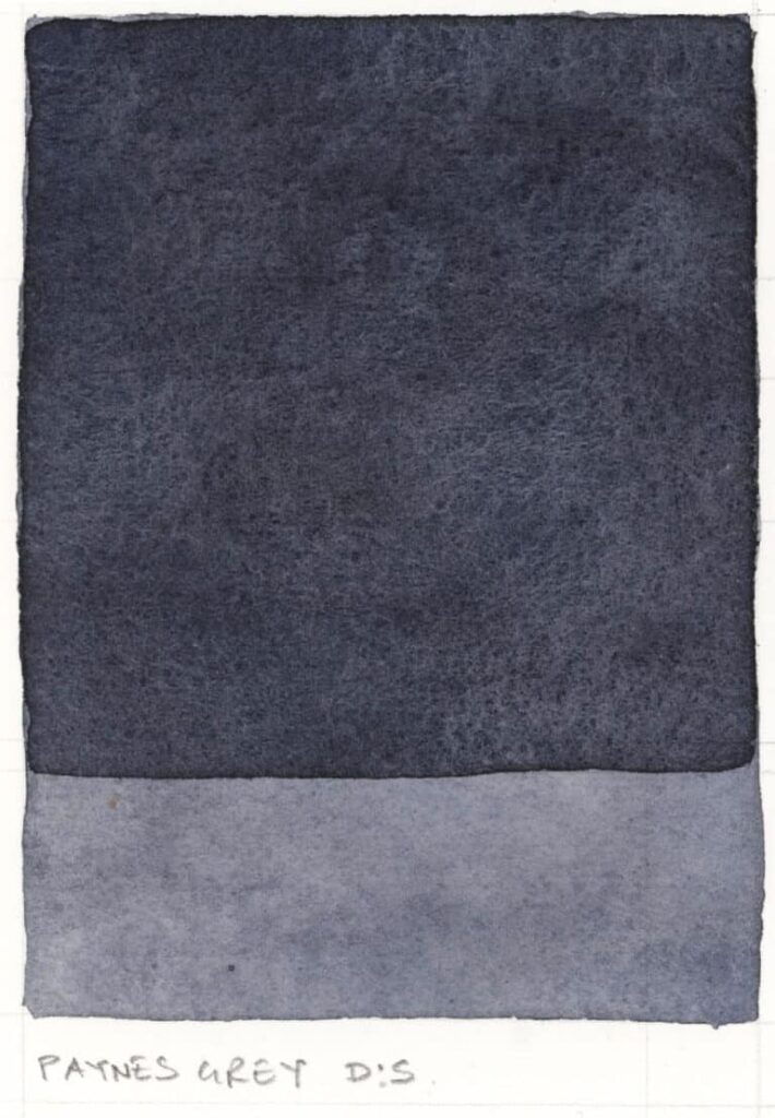 Muestra de acuarela gris de Payne pintada en una tarjeta, de un tono intenso a uno diluido