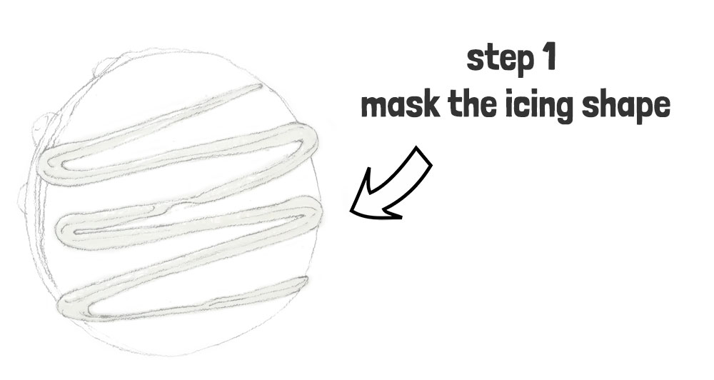 Boceto de un macarrón con el glaseado en zigzag protegido con líquido enmascarador