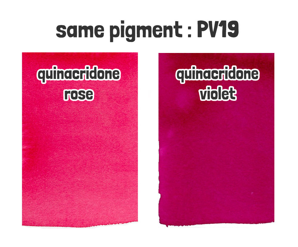 Dos muestras de acuarela con el pigmento PV19: rosa de quinacridona y violeta de quinacridona