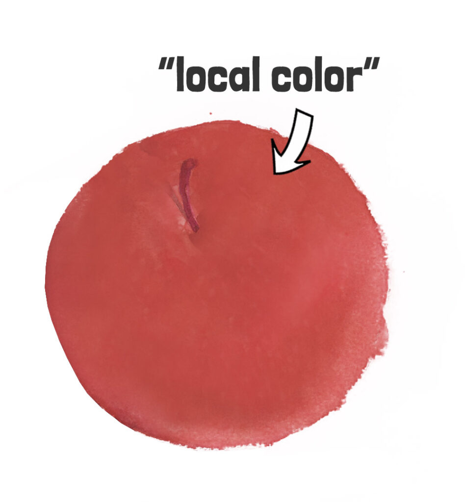 Manzana pintada en acuarela con un rojo plano y uniforme, sin luces ni sombras